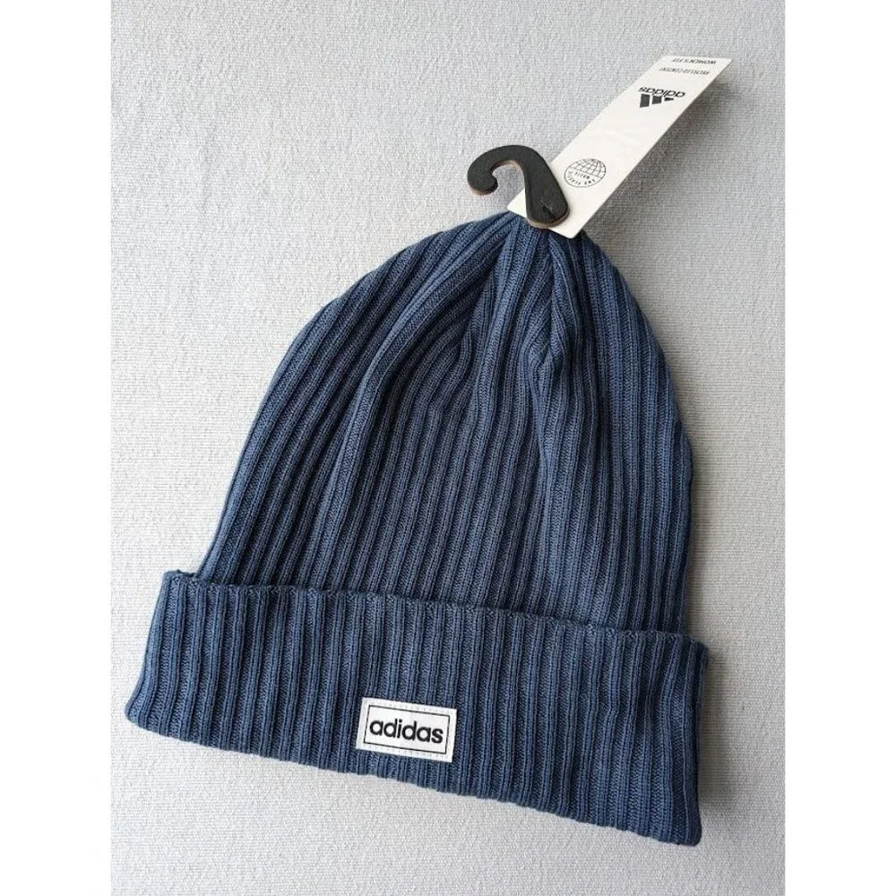 adidas Beanie Hat One Size 4 Inch Cuff Fold Knit Ribbed Blue Winter Toboggan NEW